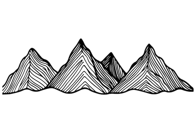 Vector drawing mountain with forest pine trees landscape black line sketch art hand drawn