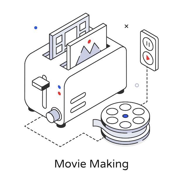 A drawing of a movie making machine with a speaker on the top.