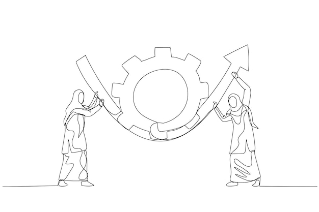 Drawing of muslim businesswoman partner help rotate gear cogwheel to make arrow rising up concept of business transformation One line art style