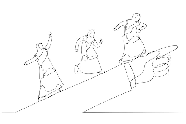 Drawing of muslim businesswoman running forward looking for success in the way showed by giant hand of leader Metaphor for directional leadership Single continuous line art style