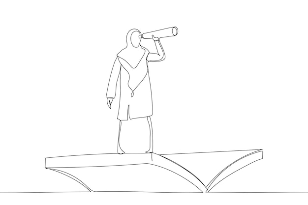 Drawing of muslim businesswoman using telescope on flying book knowledge references opportunity vision in business single line art style