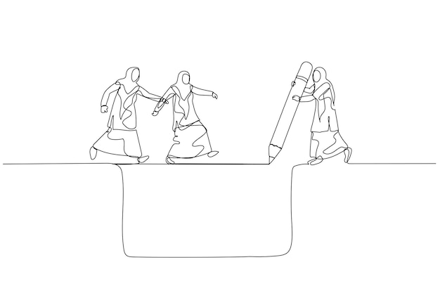 Drawing of muslim woman manager draw bridge help team cross cliff concept of leadership One line style art