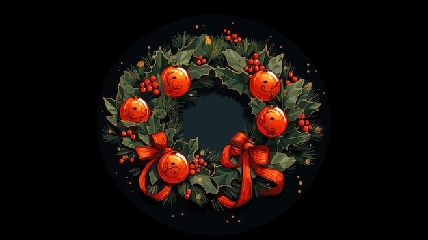Vector drawing of a new year's wreath christmas decorations on a black background vector