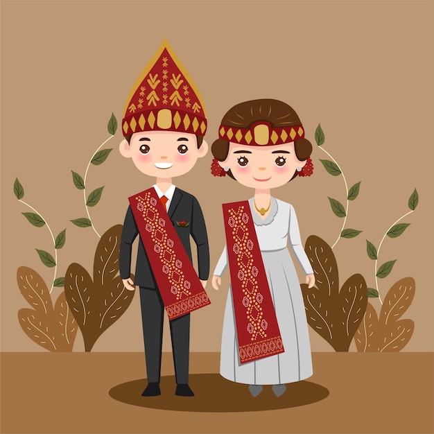 Vector drawing north sumatra cute couple with traditional wedding dress batak culture