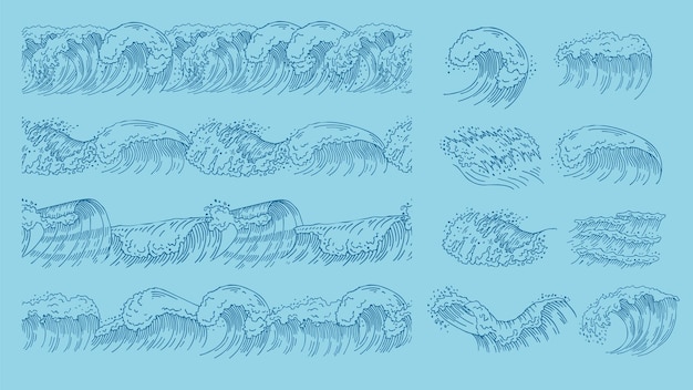 Drawing ocean waves seamless pattern or border wave and elements sea or water sketch draw decorative wild nature vector collection