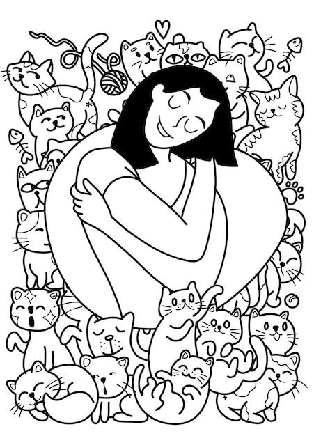 遊び心のある可愛い子猫に囲まれて抱きしめている幸せな若い女性の絵
