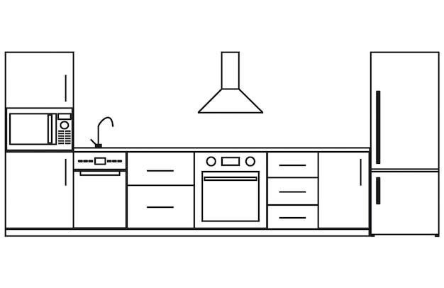 Рисунок кухонного фасада черными линиями на белом фоне