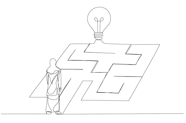 Вектор Рисунок арабской мусульманской бизнес-леди, открывающей яркую идею лампочки и находящей денежные монеты в стиле арт-стиля одной линии
