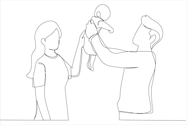 Рисунок отца, поднимающего новорожденного мальчика в воздух и целующего его, мать наблюдает со стороны.