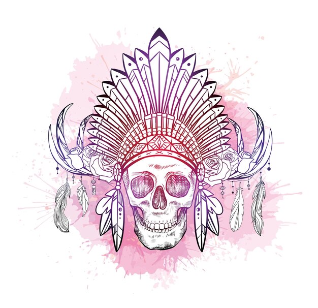 Vector drawing of human skull in native american hat with deer horns and roses on pink watercolor splashes