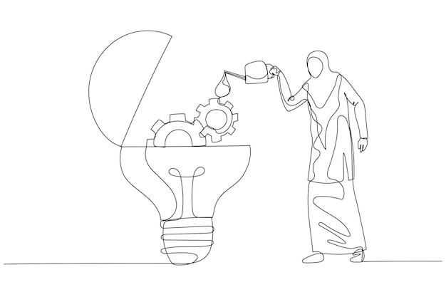 Рисунок мусульманской бизнес-леди, капающей масляную смазку в лампочку идеи с механическими шестернями. один непрерывный художественный стиль