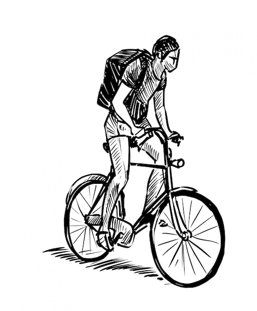 自転車の手を引く男の描画