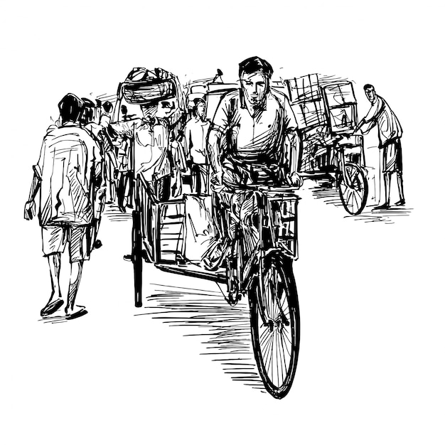 インドの地元市場での人力車の描画