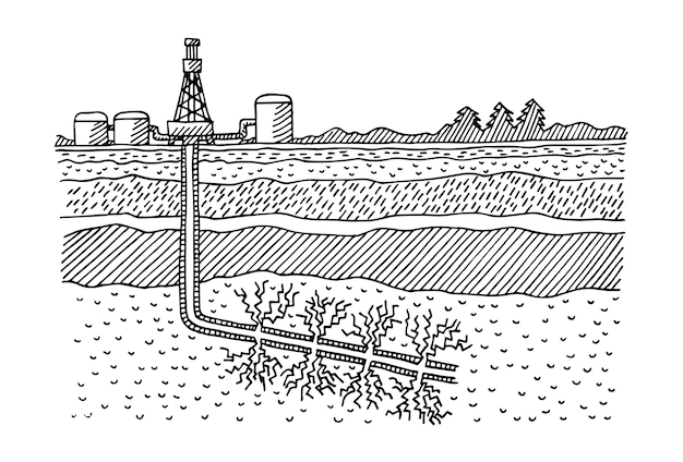 a drawing of a oil refinery with a line of trees in the background