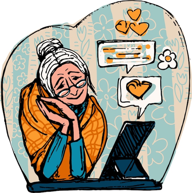 노년과 가제트 그리기 노부인은 컴퓨터를 통해 의사 소통을 기쁘게 생각합니다