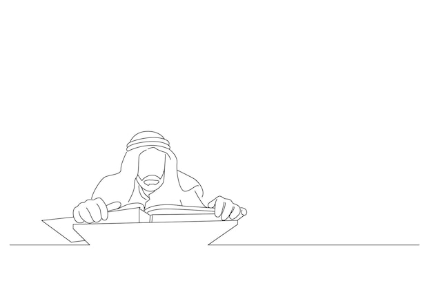 Drawing of old muslim man is reading from holy quran in mosque line art style