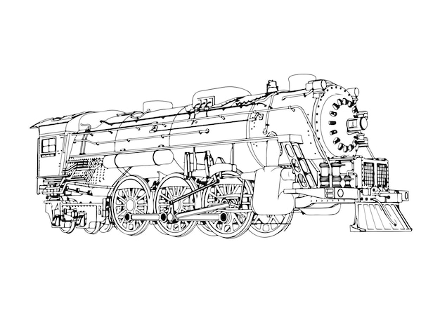 Drawing of an old steam locomotive on a white background with black lines vector