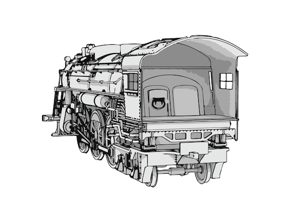 Disegno di una vecchia locomotiva a vapore su sfondo bianco con vettore di linee nere