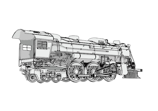 Vector drawing of an old steam locomotive on a white background with black lines vector