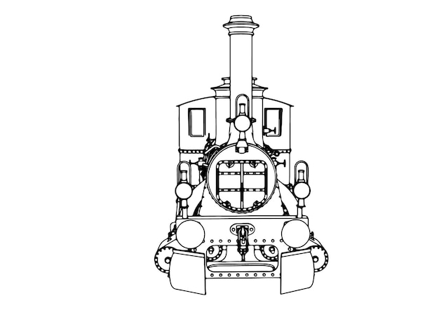 Drawing of an old steam locomotive on a white background with black lines vector