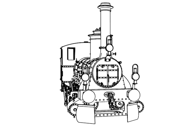 Vettore disegno di una vecchia locomotiva a vapore su sfondo bianco con vettore di linee nere