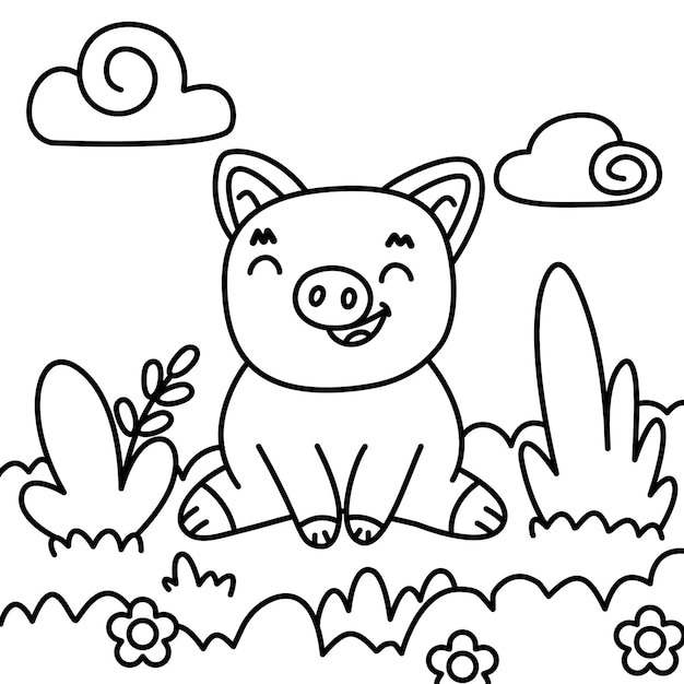 drawing outline pig sitting in the middle of nature