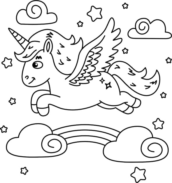 レインボーを背景に飛ぶユニコーンを描く