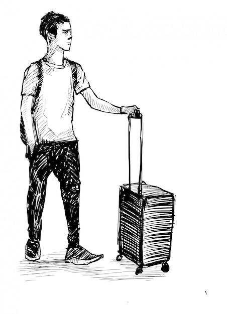 Drawing of the passenger is walking at the airport hand draw