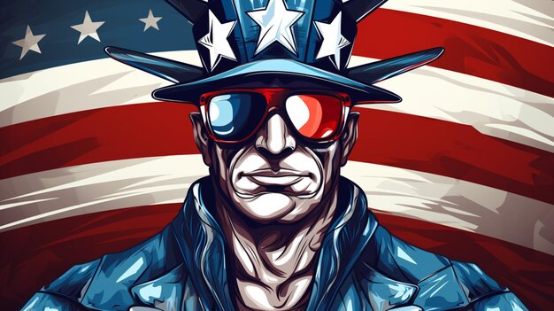 a drawing of a patriotic man wearing a patriotic hat and sunglasses