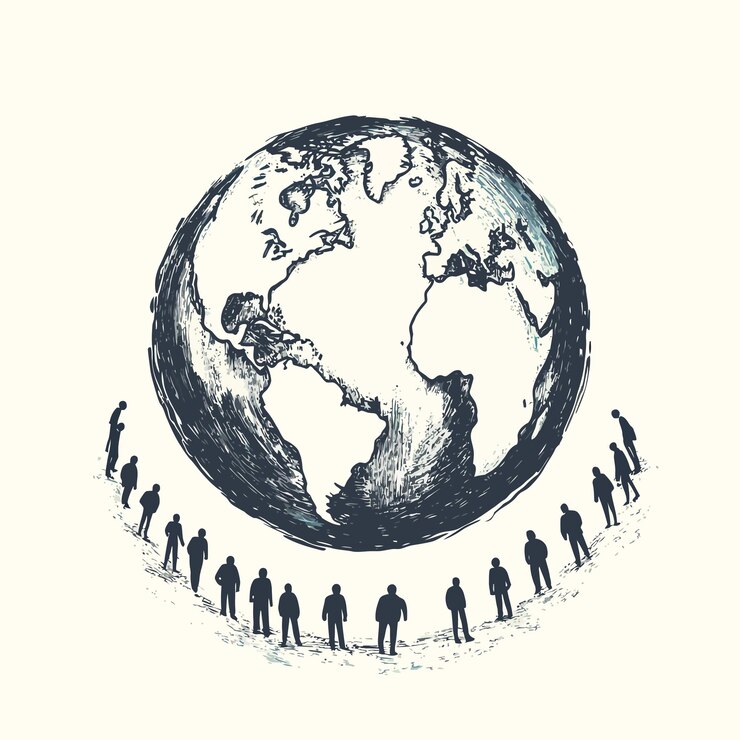 Vector a drawing of people around a world with a picture of a man holding a globe