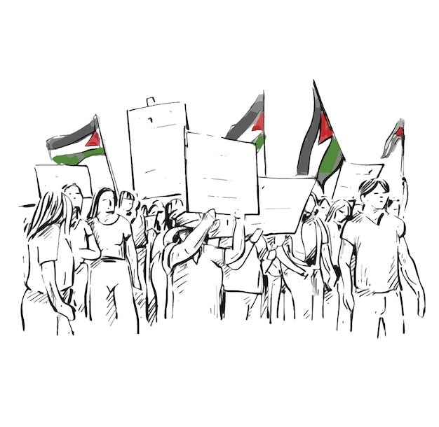 Vettore disegno di persone che protestano per la palestina