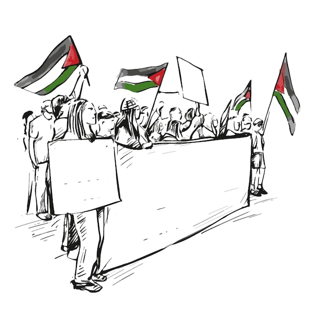 Vettore disegno di persone che protestano per la palestina