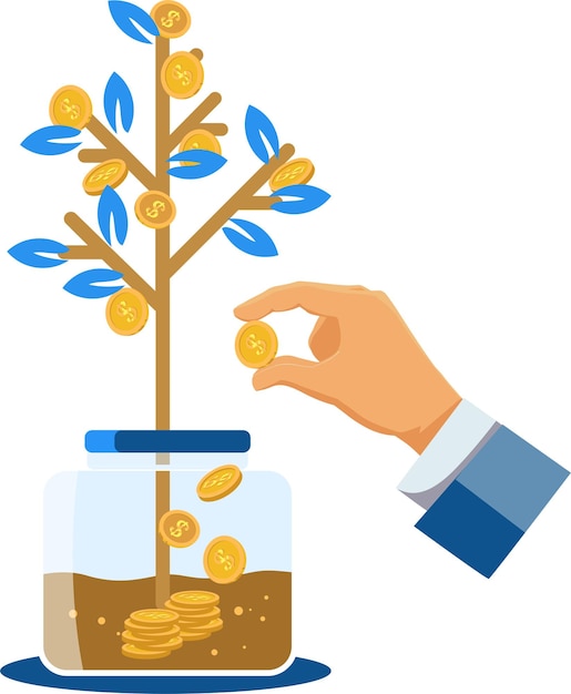 Vector a drawing of a person putting coins into a jar with a tree in it