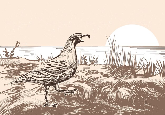 A drawing of a pheasant walking on a grass field.