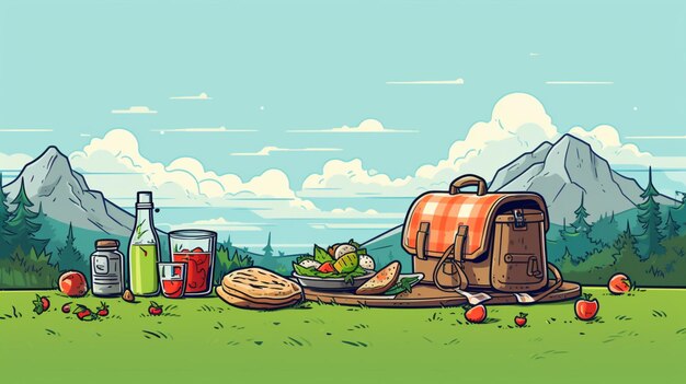 Vector a drawing of a picnic with a bag of food and a bag of bread