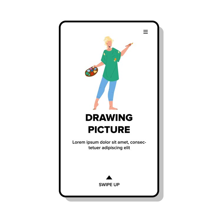 Vector drawing picture young woman in art studio vector. artist girl holding palette with paints and brush for drawing picture. character artistic painter creative web flat cartoon illustration