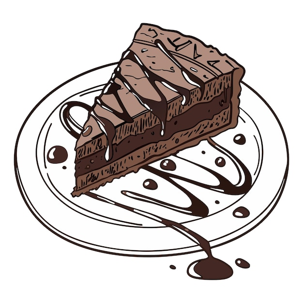 a drawing of a piece of cake with chocolate icing and a spoon