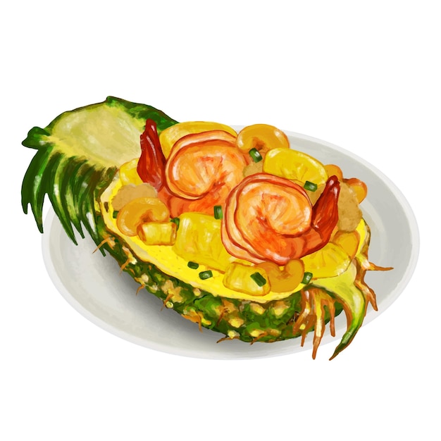 Vector a drawing of a pineapple with shrimp and shrimp on it