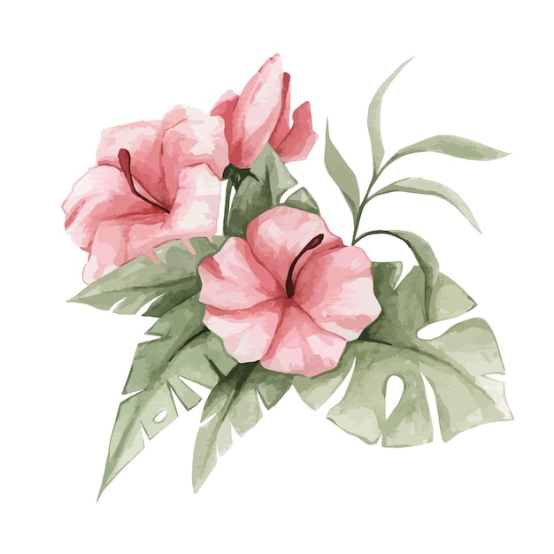 Vector a drawing of pink flowers with green leaves and leaves.