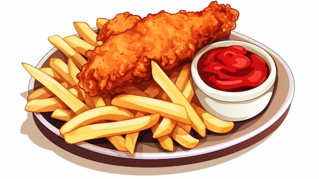 Vettore un disegno di un piatto di cibo con una ciotola di ketchup e patatine fritte
