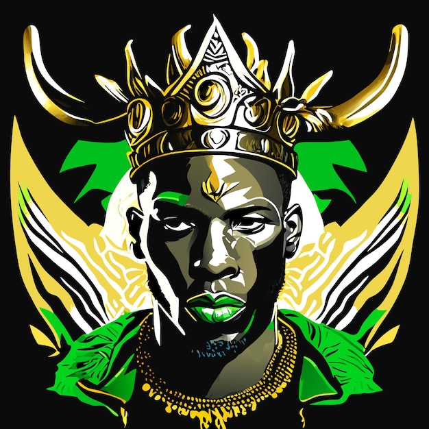 Drawing of a portrait african man with a crown made with a palm floral green