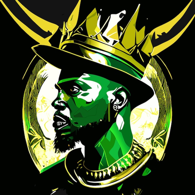 Vector drawing of a portrait african man with a crown made with a palm floral green