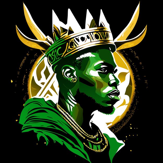 Drawing of a portrait african man with a crown made with a palm floral green