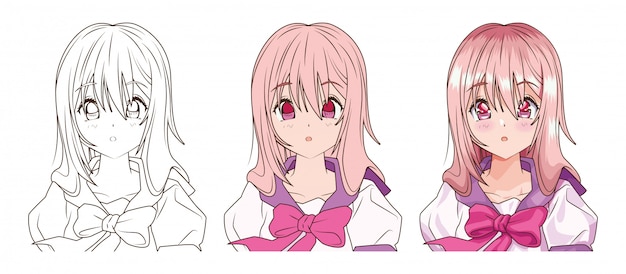 drawing process of young woman anime style character vector illustration design