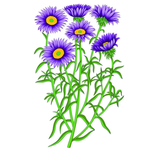 Vector a drawing of purple flowers with green stems and blue flowers.