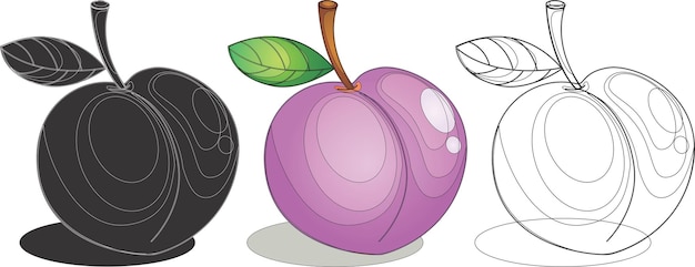 A drawing of a purple plum with a leaf on it.