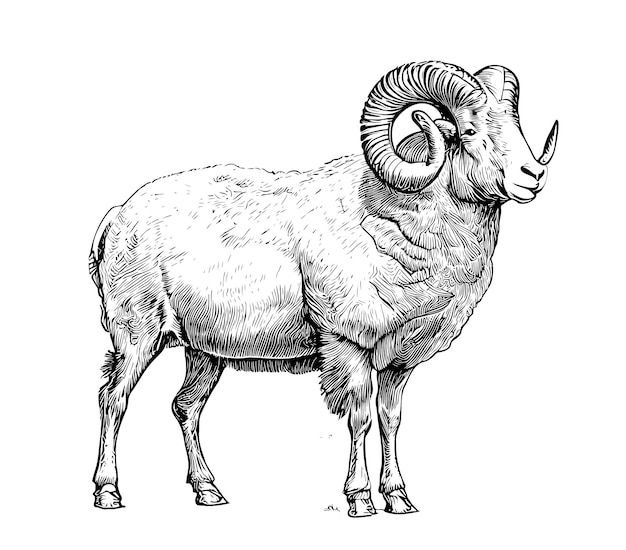 A drawing of a ram with horns and horns.