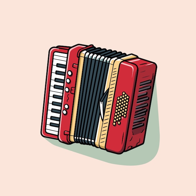 Vector a drawing of a red accordion with a white and black keys.