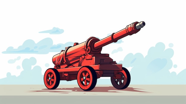 Vettore un disegno di un cannone rosso con un cielo blu e nuvole