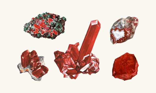 A drawing of red crystals and minerals